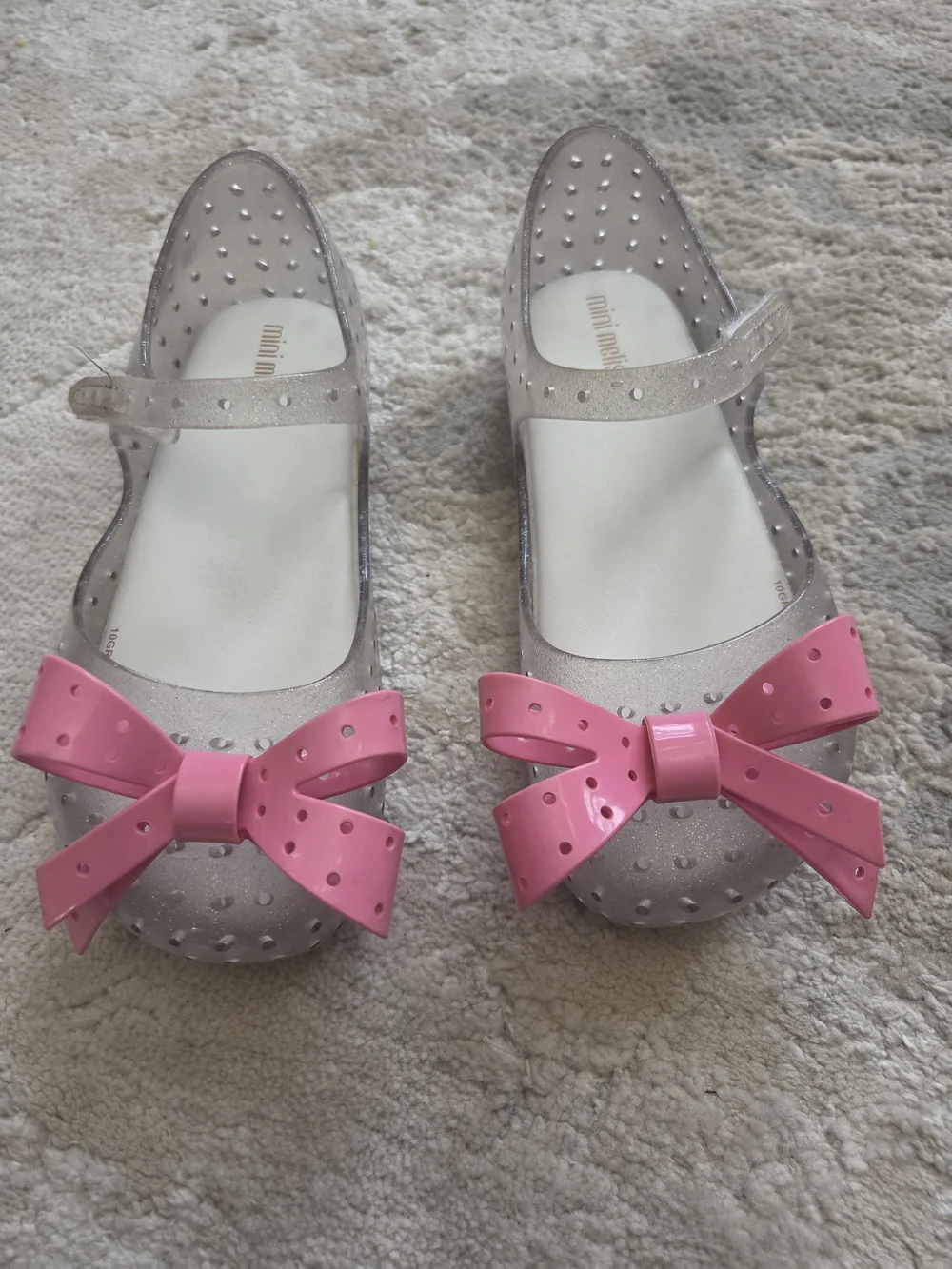 Mini Melissa Girls' Pink Bow Jelly Flats - Glitter Silver Size 11